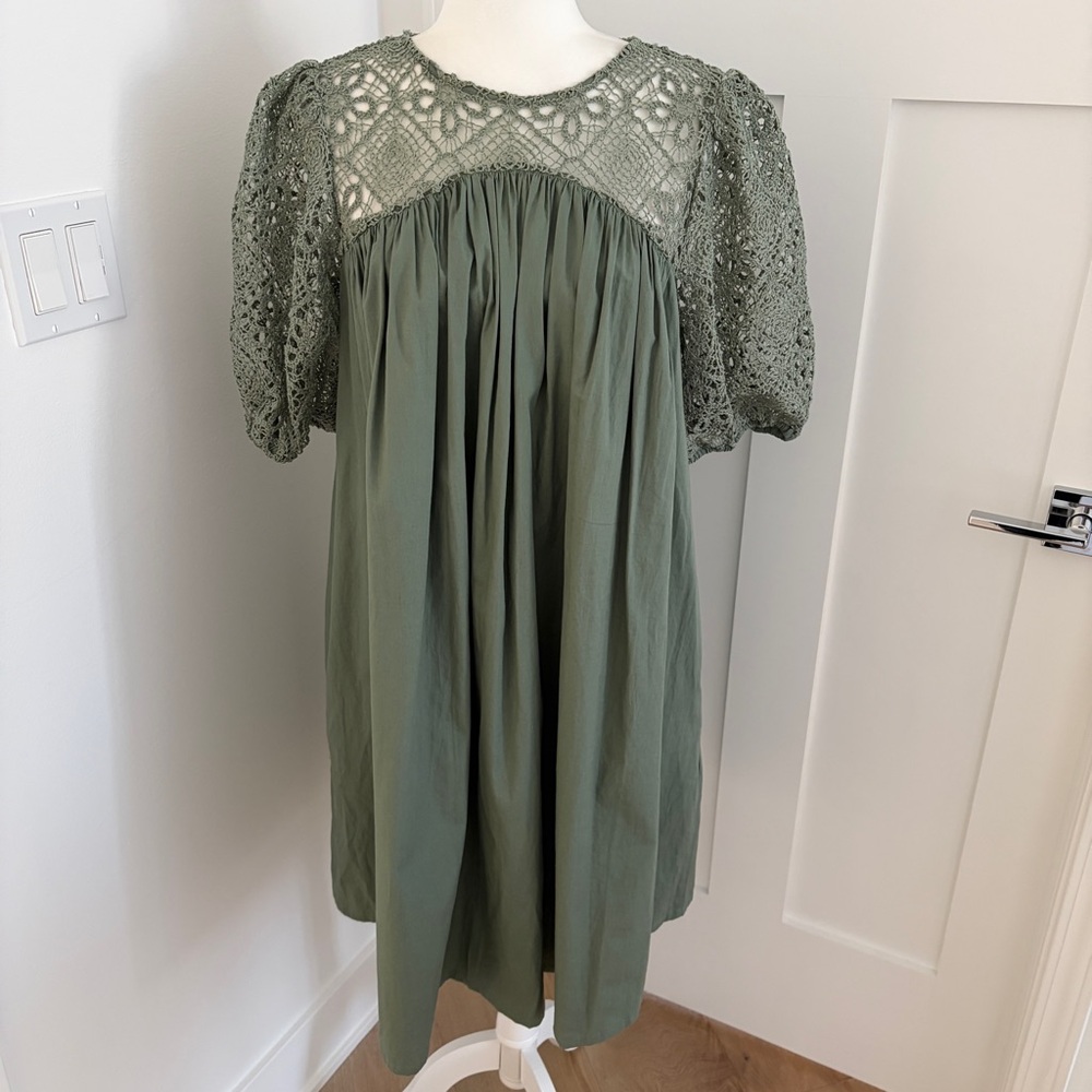 ASOS DESIGN crochet sleeve & neck midi smock dress in Sage Green Sz US 10*H19 - Picture 2 of 5